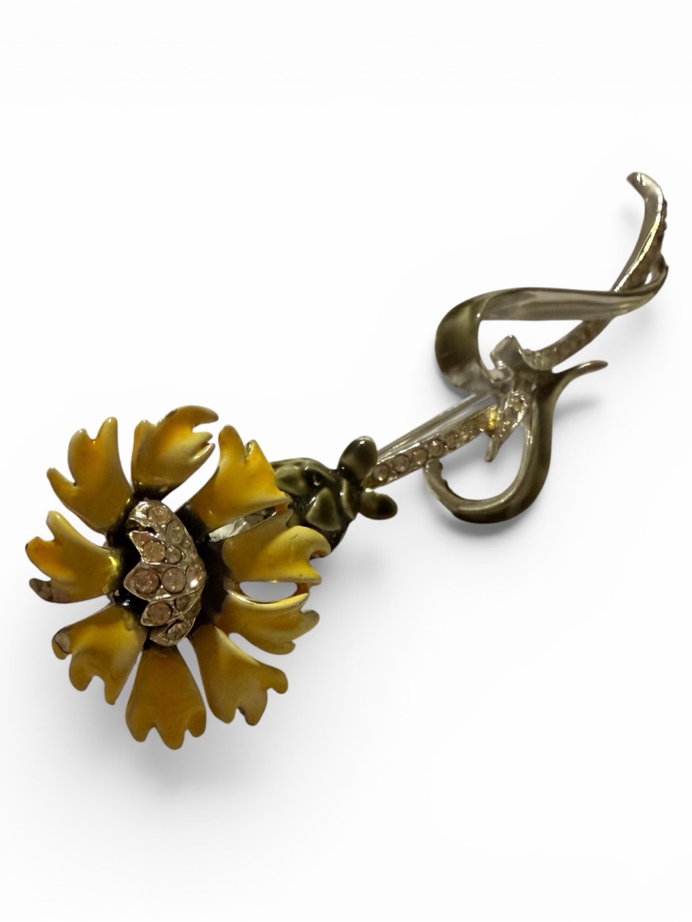 Vintage Yellow Floral Brooch Pin with Rhinestone Center
